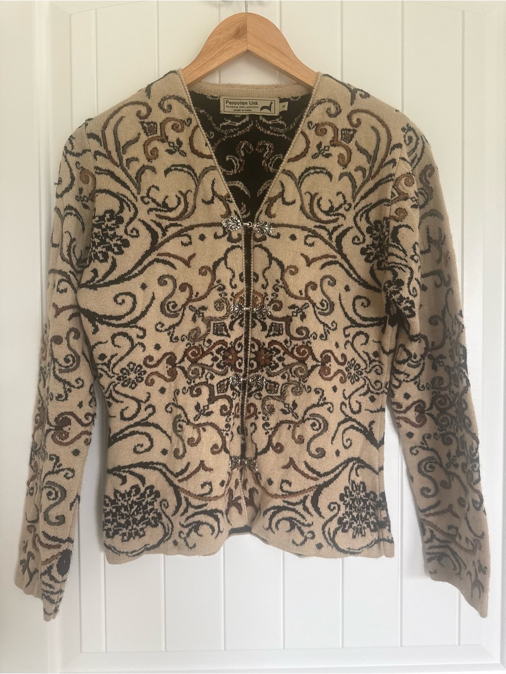 Peruvian Link Alpaca Blend Jacquard Cardigan Knit Sweater Silver Clasps Small